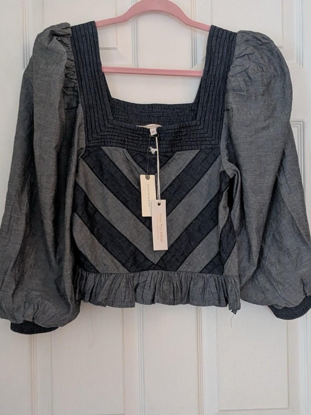 Puff Sleeve Square Neck Chevron-Panel Top